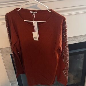 Vila Milano Burnt Orange Long Sleeve Top with Beaded Sleeves